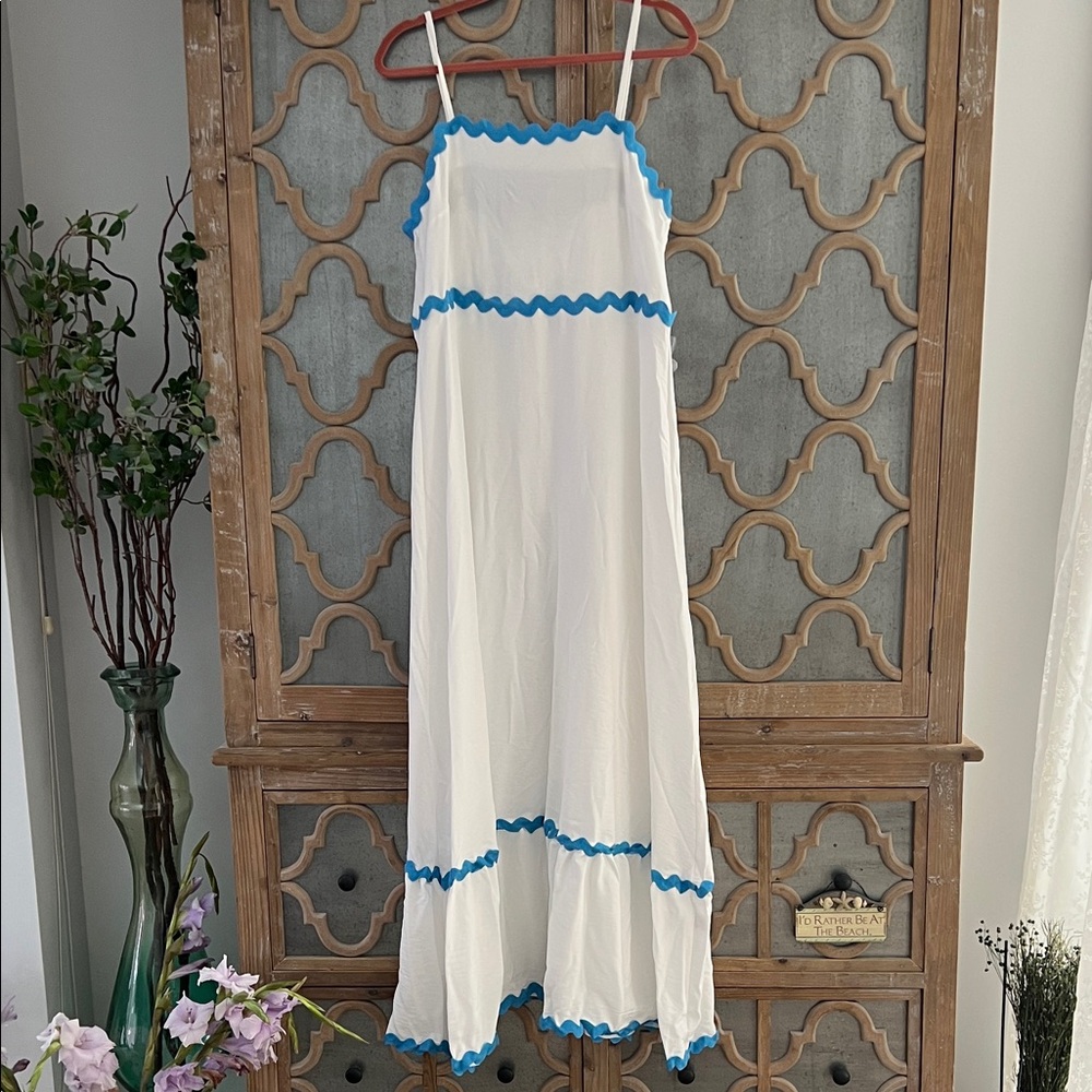 White Maxi Dress with Blue Trim